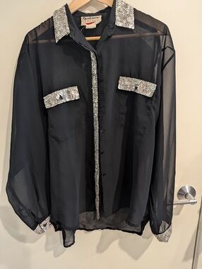 Sheer Black Sequin-Trim Button-Up Blouse